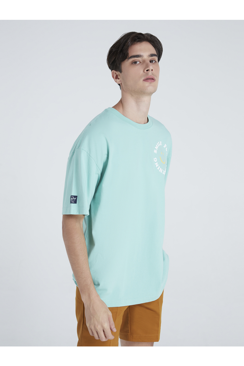 SMILE PRINT OVERSIZE EXCLUSIVE T-SHIRT - CORAL GREEN