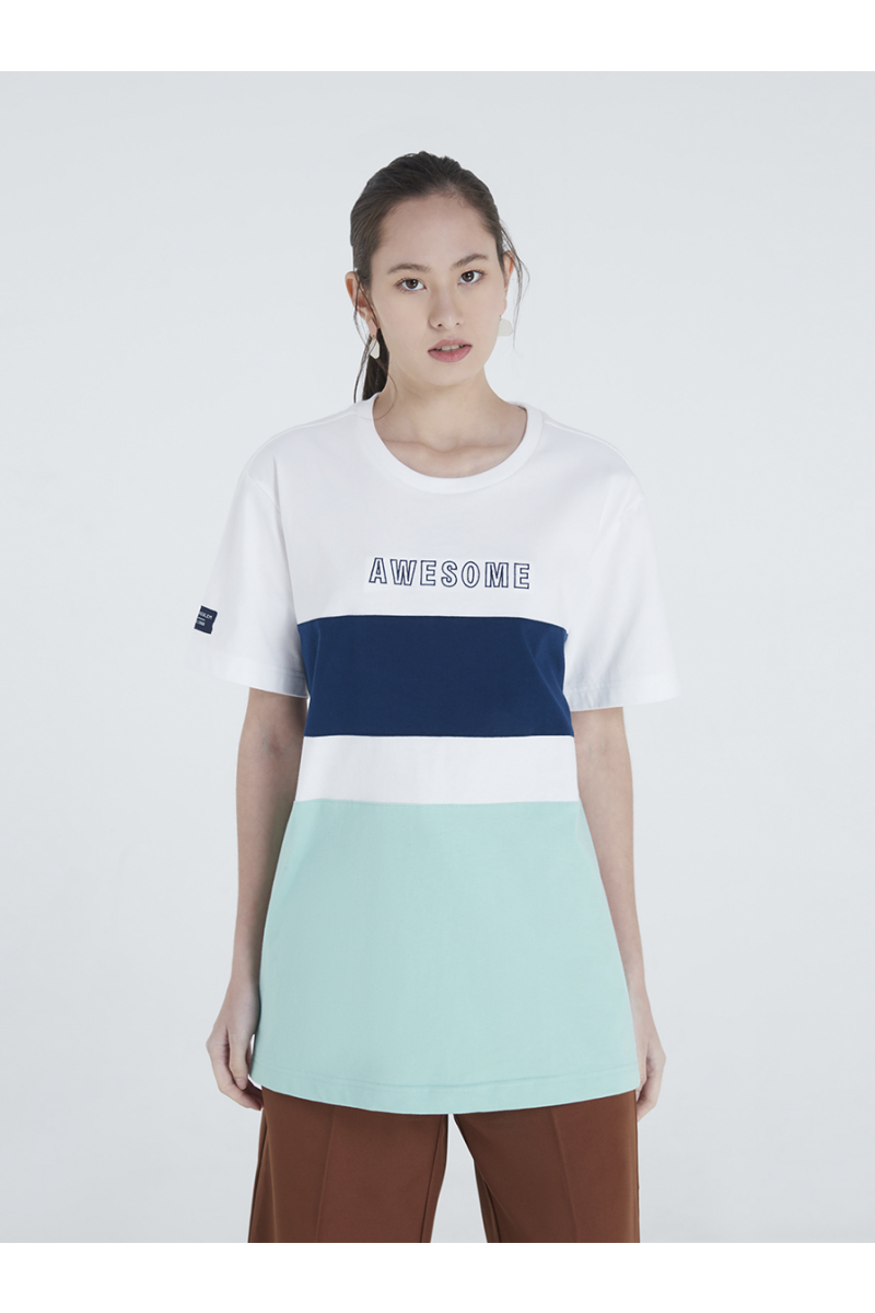 COLOR BLOCK EMBROIDERY T-SHIRT - CORAL GREEN