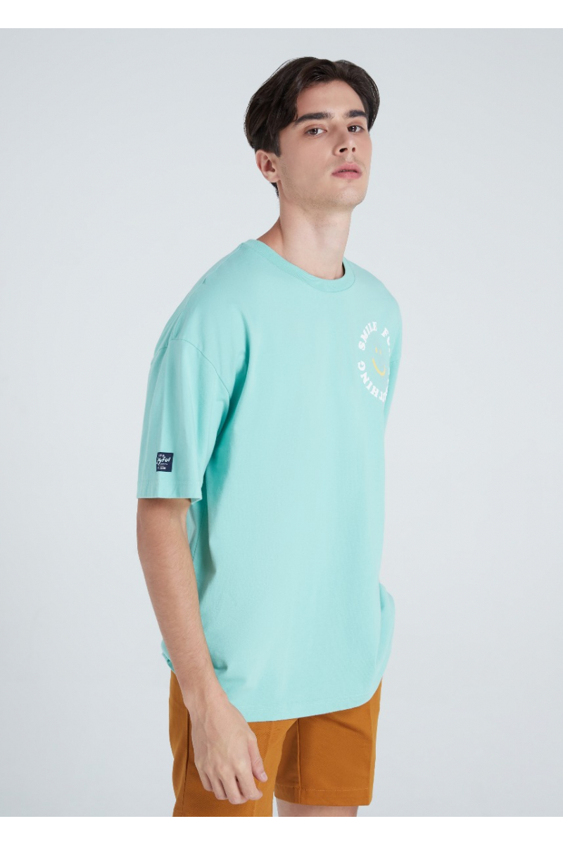 SMILE PRINT OVERSIZE EXCLUSIVE T-SHIRT - CORAL GREEN