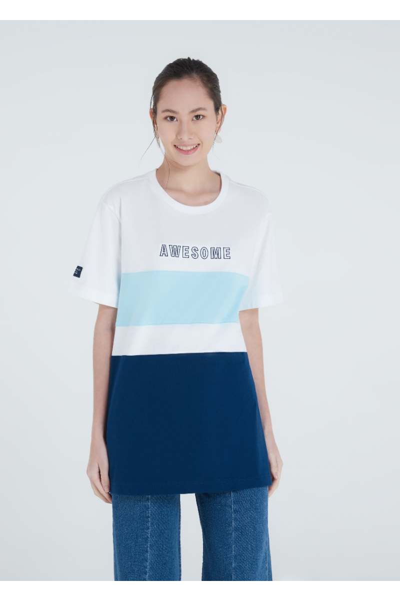 COLOR BLOCK EMBROIDERY T-SHIRT - BABY BLUE